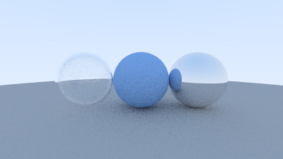 A glass sphere, a blue sphere and a mirror sphere in a row on a grey floor.