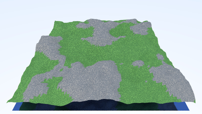 A rendered square patch of procedural terrain with green grass patches, grey rock and a strip of blue water at the front edge.