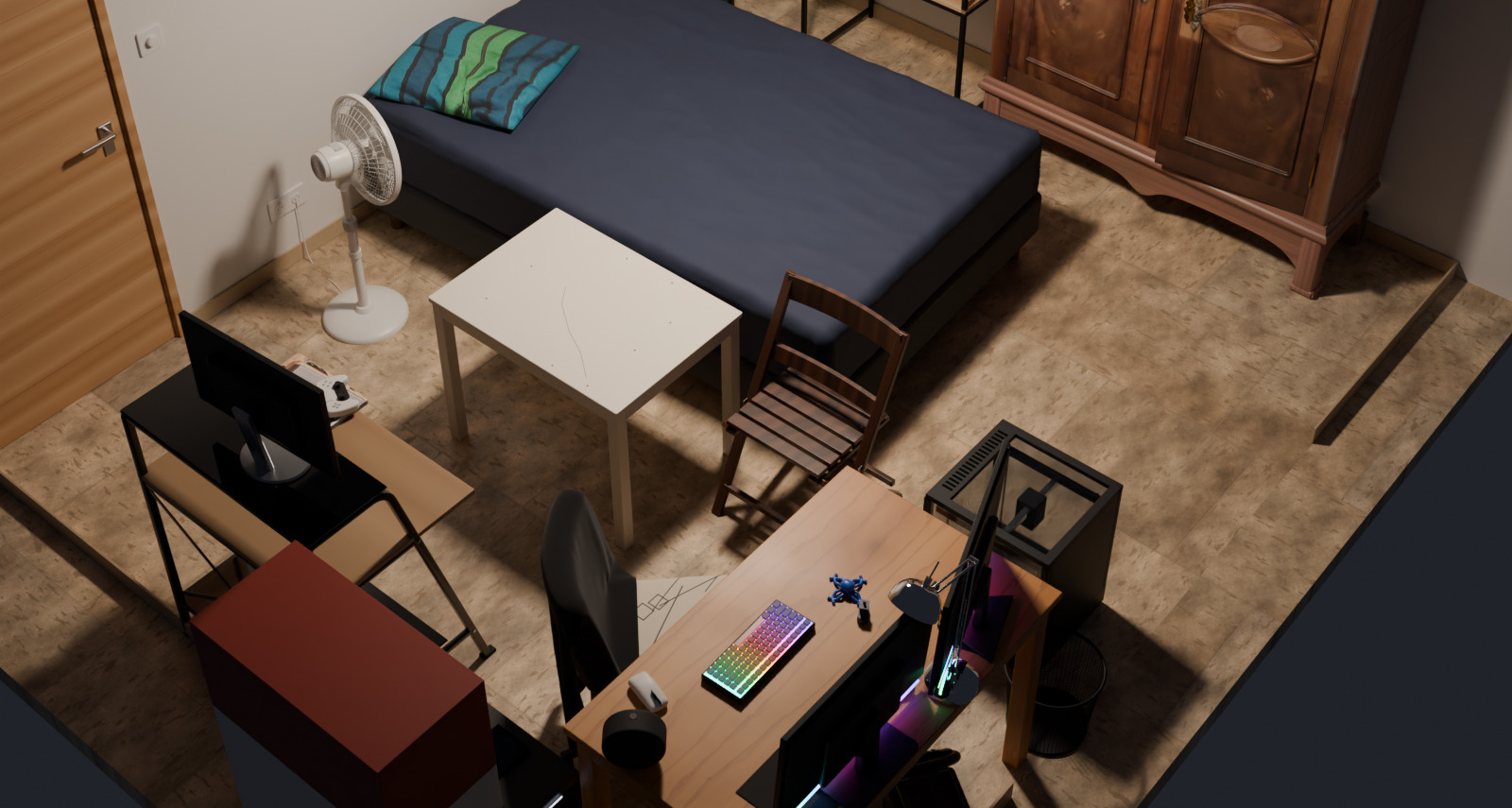 Isometric render of a modelled bedroom with bed, wardrobe, desk and 3D printer