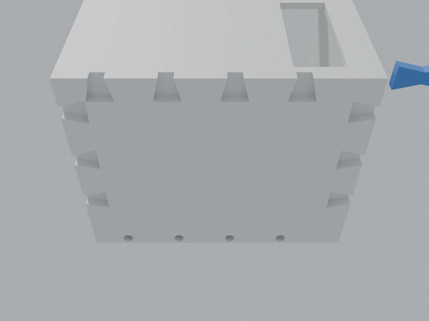The underside of the printable room, with notched key sockets along the edges and round holes for filament pins