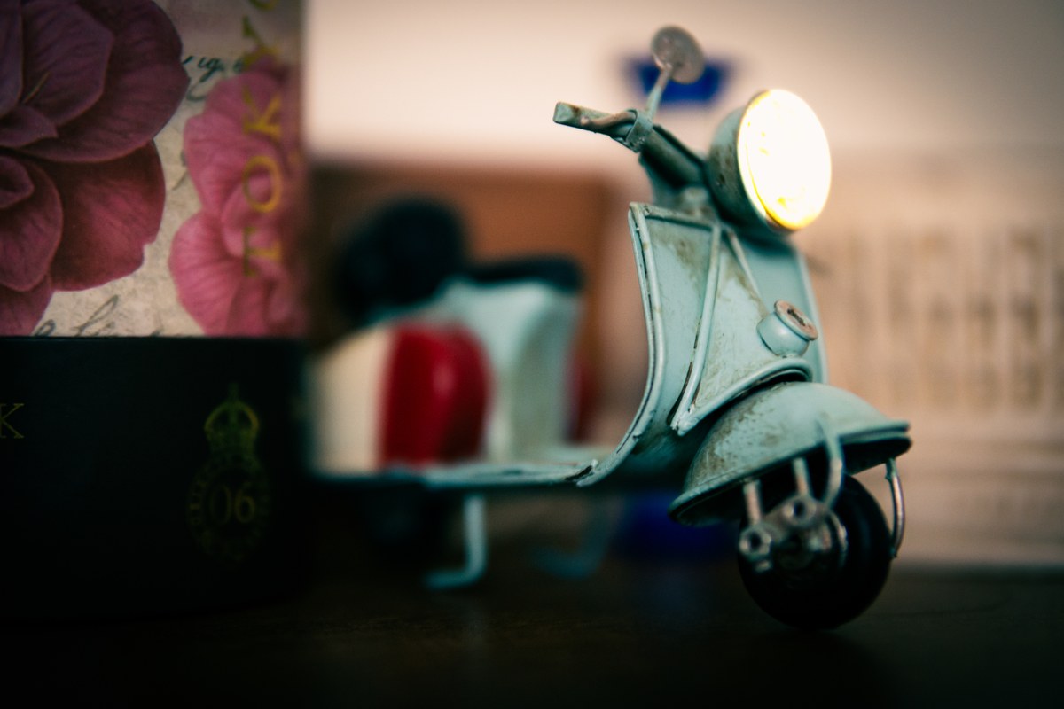 Toy vintage scooter, macro, shallow focus